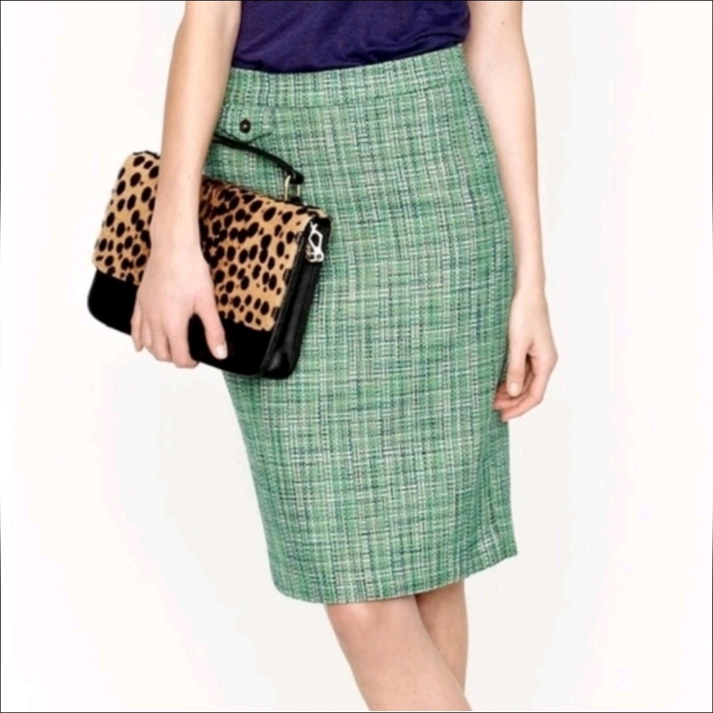NWT J.Crew No. 2 Pencil Skirt Caribbean Tweed Green Blue Size 0